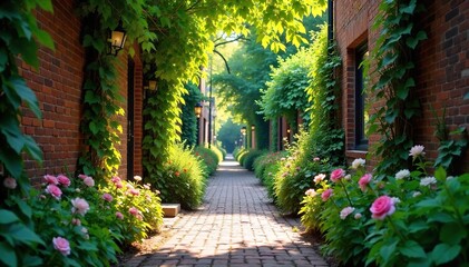 Serene Urban Oasis Sun-Dappled Brick Alleyway Transformed into a Secret Garden of Lush Ivy and Vibrant Wildflowers