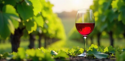 Sun-Dappled Vineyard A Delicate Wine Glass Beckons Relaxation Amidst Lush Green Vines, Evoking the Enjoyment of Fine Wine and the Peaceful Beauty of Wine Country.