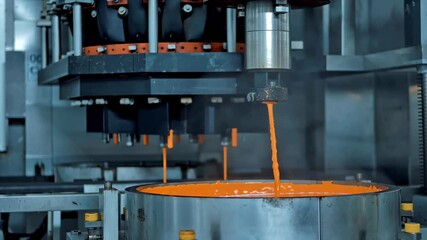 Machine pouring orange liquid into round containers in factory environment automated production line filling jars with paint or similar fluid industrial process with machinery and orange substance - Powered by Adobe