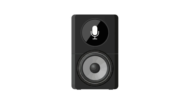 Black Smart Speaker with Microphone Icon and Circular Speaker Grille.
