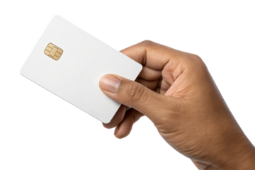 Cutout image of a hand holding a blank white credit card. Transparent image.
png. Shopping. Cashless.