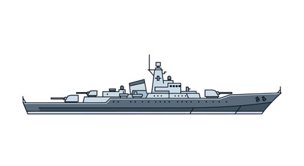 Detailed Illustration of a Modern Warship with Guns and Radar. © Rizal