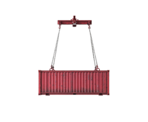 Isolated red shipping container suspended by cables against a black background