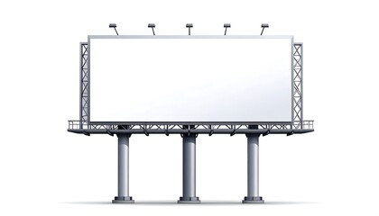 Obraz premium A tall, outdoor advertising structure with a blank rectangular space for content. It has supporting pillars and lights. Isolated on white