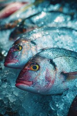Fresh fish on ice at a local market, showcasing vibrant colors and details in late morning light
