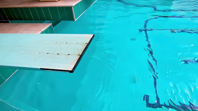 Diving board moving slightly above clear blue water of swimming pool with tiled edges