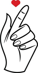 Black line art hand forming finger heart with red heart