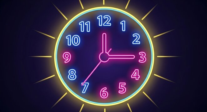 Neon Clock Displaying Three OClock - Time Concept.