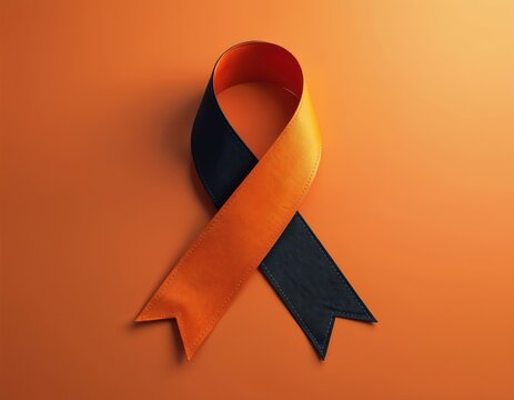 Orange, black awareness ribbon symbol on orange background. Represents support for various causes like leukemia, multiple sclerosis, animal abuse awareness. Used for charity campaigns, medical
