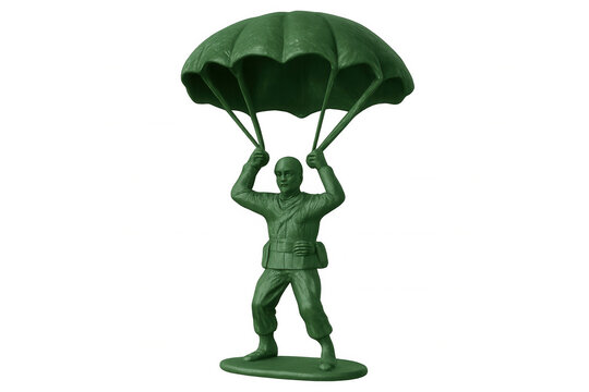 Green plastic army man toy paratrooper with parachute falling, vintage military figurine landing