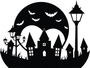 Scary Halloween Village With Pumpkin Streetlights Silhouette
