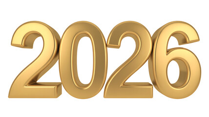 Golden year celebration two thousand twenty six future date design graphic element shiny metallic bright 3d on transparent background