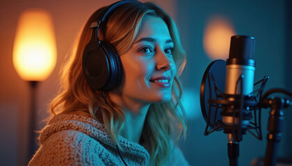 Young woman with headphones speaks into microphone. She records podcast or video in cozy studio. Creator communicates with audience online using modern tech for broadcasting.