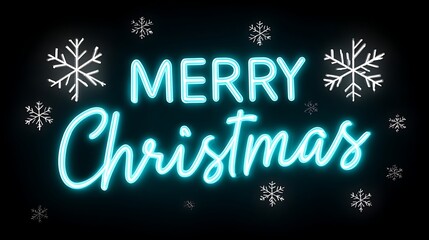 Merry Christmas text in glowing neon lights with snowflakes falling on black background