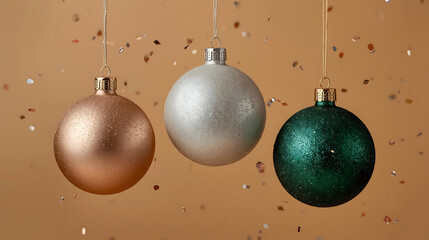 Three christmas baubles hanging with confetti on a golden background