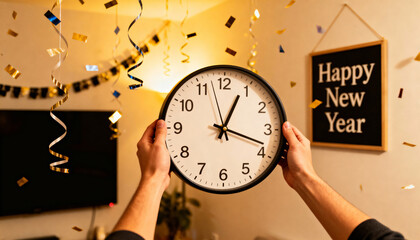 Hands lifting a round wall clock close to midnight surrounded by golden and blue confetti, symbolizing celebration, anticipation, and the countdown spirit of New Year’s Eve festivities.
