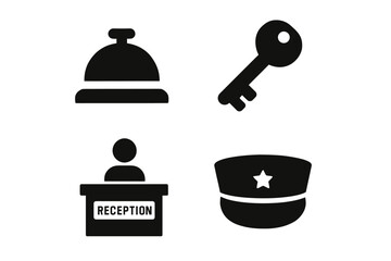 Obraz premium Hotel service icons: bell, key, reception, hat