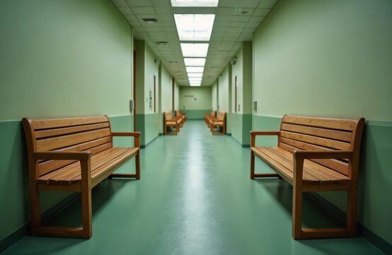 Empty wooden benches line long, bright hallway with soft light. Calm, clean interior space offers peaceful place for rest and waiting. Minimalist design features light green walls and seamless floor. - Powered by Adobe