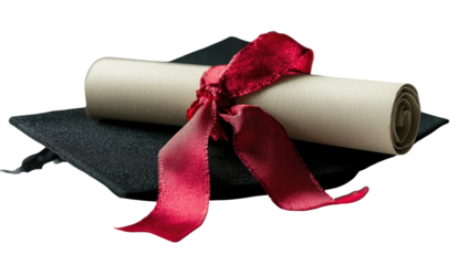 Diploma scroll with red ribbon atop a graduation cap