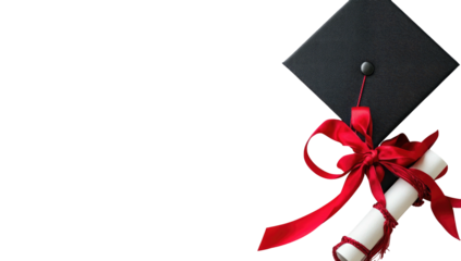 Mortarboard and diploma tied with red ribbon. Minimalist graduation setup