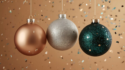 Three christmas baubles hanging with confetti on a golden background
