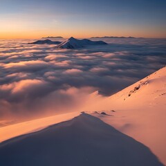 Snowy Mountain Peaks Emerging from a Sea of Clouds at Sunset.