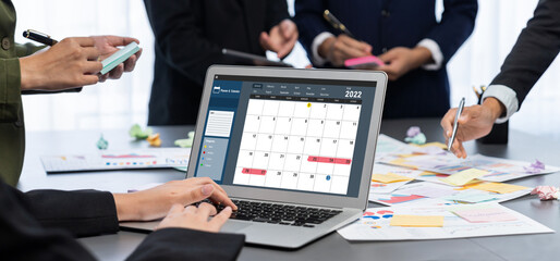 Analyst team use sticky note for creative and analytic brainstorm for business idea with BI data...