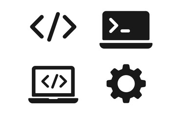 Fototapeta premium Coding icons: laptop, gear, code brackets, terminal - black silhouettes on white