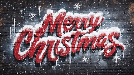 Graffiti style Merry Christmas painted on brick wall with snow