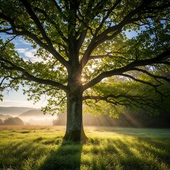 Sunlit Oak Tree in a Misty Meadow at Dawn.