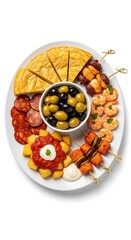 Delicious Spanish Tapas Platter with Olives, Tortilla, and Seafood Skewers.