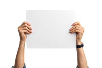 se-up of a hand holding up white paper. Cutout. Transparent. Message. Protest. Demonstration. Opinion. Statement.