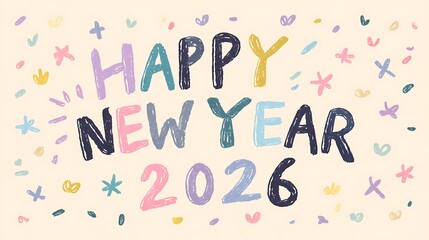 Minimalist pastel background with bold "Happy New Year 2026" handwritten style 