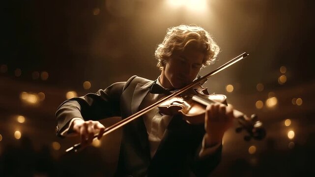 A powerful, emotional shot of a classical musician playing a violin on a stage. The focus is on the intense expression and movement. Represents passion, music, and art.
