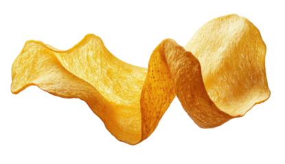 Curled, crispy potato chip against black backdrop, showcasing texture and color