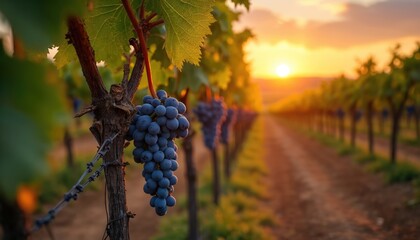 Vineyard with ripe grapes at sunset. Rows of grapevines stretch into the distance under warm golden light. Healthy fruit hangs heavy, ready for harvest in autumn.