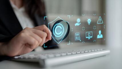 Digital copyright protection system showing secure ownership, intellectual property rights, content verification, and legal warning icons for creators and publishers Latch