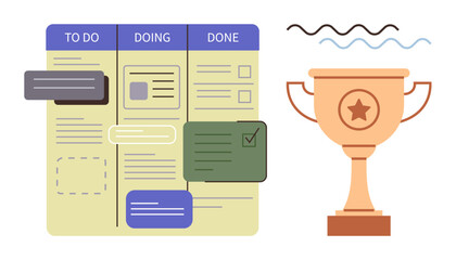 Task board divided into To Do, Doing, Done sections alongside trophy. Ideal for teamwork, productivity, achievement, goal setting, planning organization success. Simple flat metaphor © robu_s