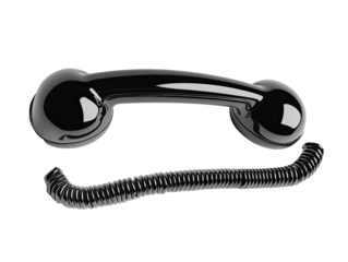 Glossy black vintage telephone receiver and coiled cord on dark background