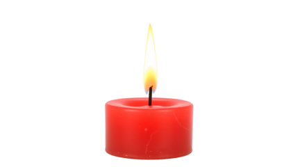 Bright red candle with a tall, brightly burning flame, for romantic, memorial or spiritual concepts, isolated on a transparent background.