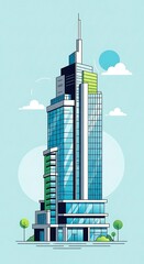 Modern Skyscraper Illustration with Blue Sky and Clouds.