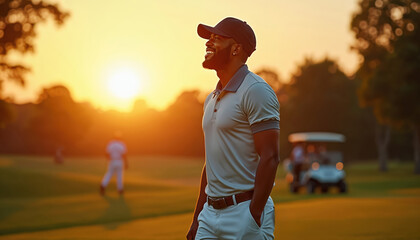 Smiling African American man enjoys golf game at sunset on rich green course. Wealthy golfer poses near cart with blurred players. Confident man in stylish gear celebrates leisure activity.