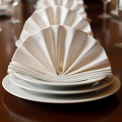 Elegant Table Setting - Stacked Plates with Fan-Folded Napkins.