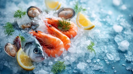 Fresh seafood assortment with shrimp, fish, and shellfish on ice with lemon slices