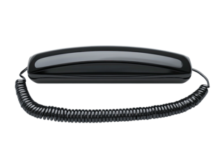 Sleek black corded phone with a curled cable on dark background