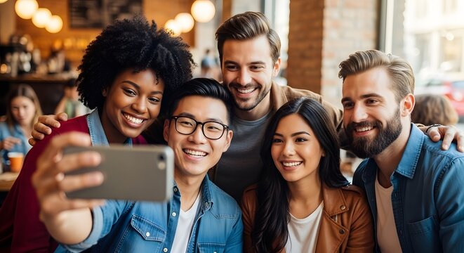 Friendly Selfie in a Cafe: Capturing the moment, a group of friends smile warmly while taking a selfie in a cozy cafe, enjoying a fun gathering.