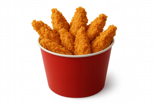 Fried chicken tenders in a red paper bucket, a popular fast food snack, isolated on transparent background