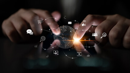 Visualization of global digital communication and online across multiple platforms, including global network, digital network, communication network, and online network. Latch
