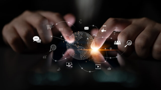 Visualization of global digital communication and online across multiple platforms, including global network, digital network, communication network, and online network. Latch