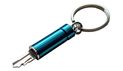 Blue metal key holder with key exposed on a silver keychain